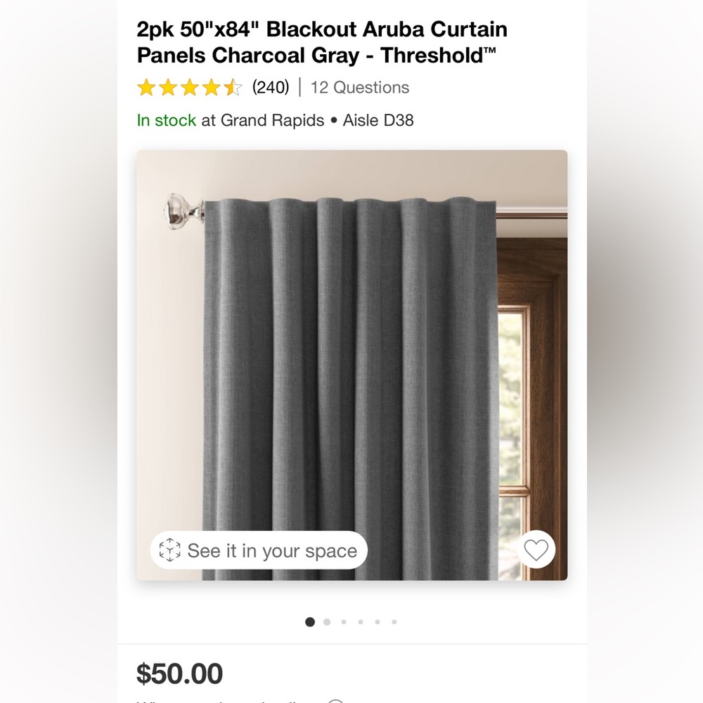 Threshold Aruba Charcoal grey blackout curtains -4 panels 50” x 84”